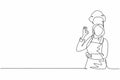 One continuous line drawing of young female chef pose casually while giving excellent food taste gesture. Restaurant banner