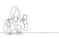 One continuous line drawing of young female college student take a selfie while order a cup of coffee and cupcake at cafe Royalty Free Stock Photo