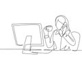 One continuous line drawing of young female employee drinking a cup of coffee and calling her friend using cellphone at the office Royalty Free Stock Photo