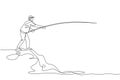 One continuous line drawing of young fisherman happy standing and fishing on a side lake land hill. Fishing leisure hobby vacation Royalty Free Stock Photo