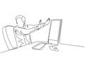 One continuous line drawing of young frightened businessman keep of himself from monitor computer because of traumatize. Work