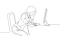 One continuous line drawing of young frustrated businesswoman yelling at computer monitor while she was sitting on work chair
