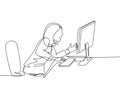 One continuous line drawing of young frustrated businesswoman yelling at computer monitor while she was sitting on work chair.