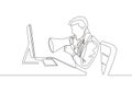 One continuous line drawing of young furious male manager screaming loud on monitor computer using megaphone. Work discipline