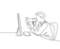 One continuous line drawing of young furious male manager screaming loud on monitor computer using megaphone. Work discipline at