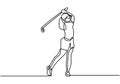 One continuous line drawing of young girl training swing golf club and hit the ball. Professional golfer. Leisure sport concept. Royalty Free Stock Photo