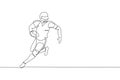 One continuous line drawing of young happy american football player running fast to avoid opponents for competition poster. Sport