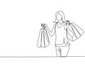 One continuous line drawing young happy beauty woman holding many paper bags after shopping personal needs. Shopping fashion,