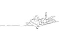 One continuous line drawing of young happy beauty woman relaxing at air mattress in swimming sport center. Summer holidays and