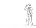 One continuous line drawing of young happy businessman ready to play virtual reality game simulation. Modern futuristic video game