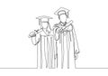 One continuous line drawing of young happy couple college student proud to show their graduation letter