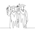 One continuous line drawing of young happy couple college student proud to show their graduation letter to celebrate their Royalty Free Stock Photo