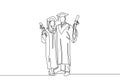 One continuous line drawing of young happy couple college student show their graduation roll letter to celebrate their graduate