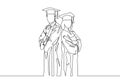 One continuous line drawing of young happy couple graduate college student hold paper and celebrate their graduation