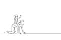 One continuous line drawing of young happy daughter playing with her father at home, siting and riding on father`s back. Family