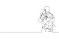 One Continuous Line Drawing Young Happy Father Hugging His Sleepy Daughter While Holding Baby Doll. Happy Loving Parenting Family