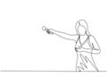 One continuous line drawing of young happy female singer hold microphone and invite audience to sing on music concert. Musician