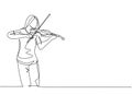 One continuous line drawing of young happy female violinist performing to play violin on music festival concert. Musician artist