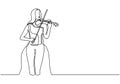 One continuous line drawing of young happy female violinist performing to play violin. Musician artist performance concept single