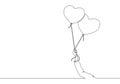 One continuous line drawing of young happy girl holding a couple cute heart shaped balloon tightly. Romantic wedding invitation