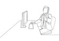 One continuous line drawing of young happy male call center worker giving thumbs up gesture while handle customer complaint