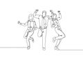 One continuous line drawing of young happy male and female company founder jumping at the meeting room together. Business teamwork