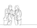 One continuous line drawing of young happy male and female marketing manager discussing sales progress on tablet phone. Online Royalty Free Stock Photo