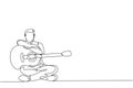 One continuous line drawing of young happy male guitarist posing after playing acoustic guitar. Dynamic musician artist