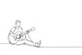 One continuous line drawing of young happy male guitarist sitting relax on the floor while playing acoustic guitar. Musician