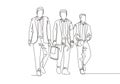 One continuous line drawing of young happy male marketer managers walking together and discussing new marketing strategy