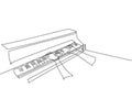 One continuous line drawing of young happy male pianist playing classic grand piano from side view. Musician artist performance