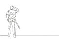 One continuous line drawing of young happy male rock guitarist walking while carrying electric guitar on his shoulder. Musician