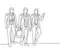 One continuous line drawing of young happy male sales managers walking together and discussing new selling strategy. Urban
