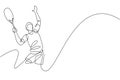 One continuous line drawing of young happy male tennis player serving the ball. Competitive sport concept. Dynamic single line