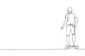 One continuous line drawing young happy man stand and ride hoverboard at outdoor park. Green transportation. Future urban