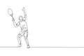 One continuous line drawing of young happy man tennis player prepare to service and hit the ball. Competitive sport concept. Royalty Free Stock Photo
