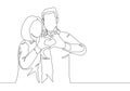 One continuous line drawing of young happy man and woman couple hands forming heart shape together. Romantic engaged anniversary