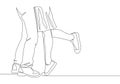 One continuous line drawing of young happy man and woman couple legs, try to hug and kiss each other. Romance marriage proposal Royalty Free Stock Photo