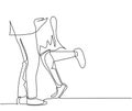 One continuous line drawing of young happy man and woman couple legs, try to hug and kiss each other. Romance marriage proposal