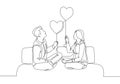 One continuous line drawing of young happy man and woman couple sitting on the couch and holding heart shape balloon together