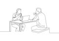 One continuous line drawing of young happy manager drink a cup of coffee and discussing business project. Working together