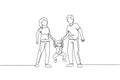 One continuous line drawing of young happy mother and father playing with their daughter, lifting and swinging at home. Family