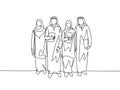 One continuous line drawing of young happy muslim workers walking together at office alley building. Islamic clothing shemag Royalty Free Stock Photo