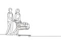 One continuous line drawing young happy romantic couple pushing trolley full of daily goods, vegetables, fruits, milk together.