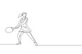 One continuous line drawing of young happy tennis player concentrate to hit the ball. Competitive sport concept. Dynamic single