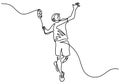 One continuous line drawing of young happy tennis player doing service and hit the ball. Sport exercise concept hand drawn Royalty Free Stock Photo