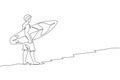 One continuous line drawing of young happy tourist surfer walking on sandy beach and carrying surfboard. Extreme watersport Royalty Free Stock Photo