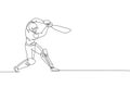 One continuous line drawing of young happy woman cricket player focus standing to hit the ball vector illustration. Competitive