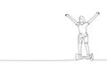 One continuous line drawing of young happy woman stand and ride hoverboard at outdoor park. Green transportation. Future urban