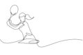 One continuous line drawing of young happy woman tennis player concentrate hit the ball. Competitive sport concept. Dynamic single